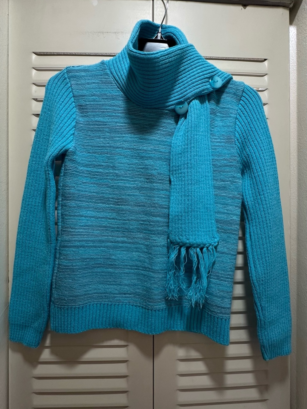Turquoise Turtleneck Sweater with Scarf